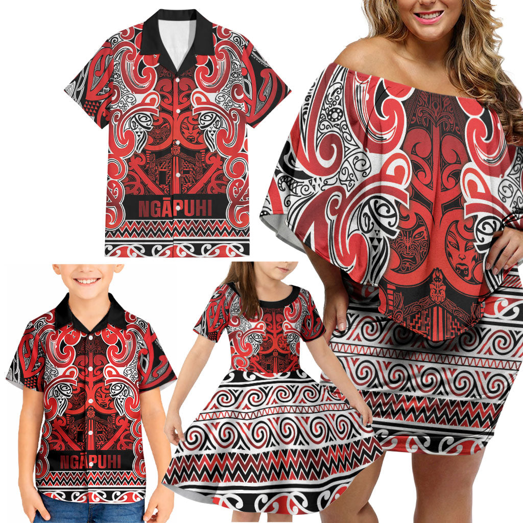 Aotearoa Iwi Ngapuhi Family Matching Off Shoulder Short Dress and Hawaiian Shirt Maori Wharenui House Tribal Pattern