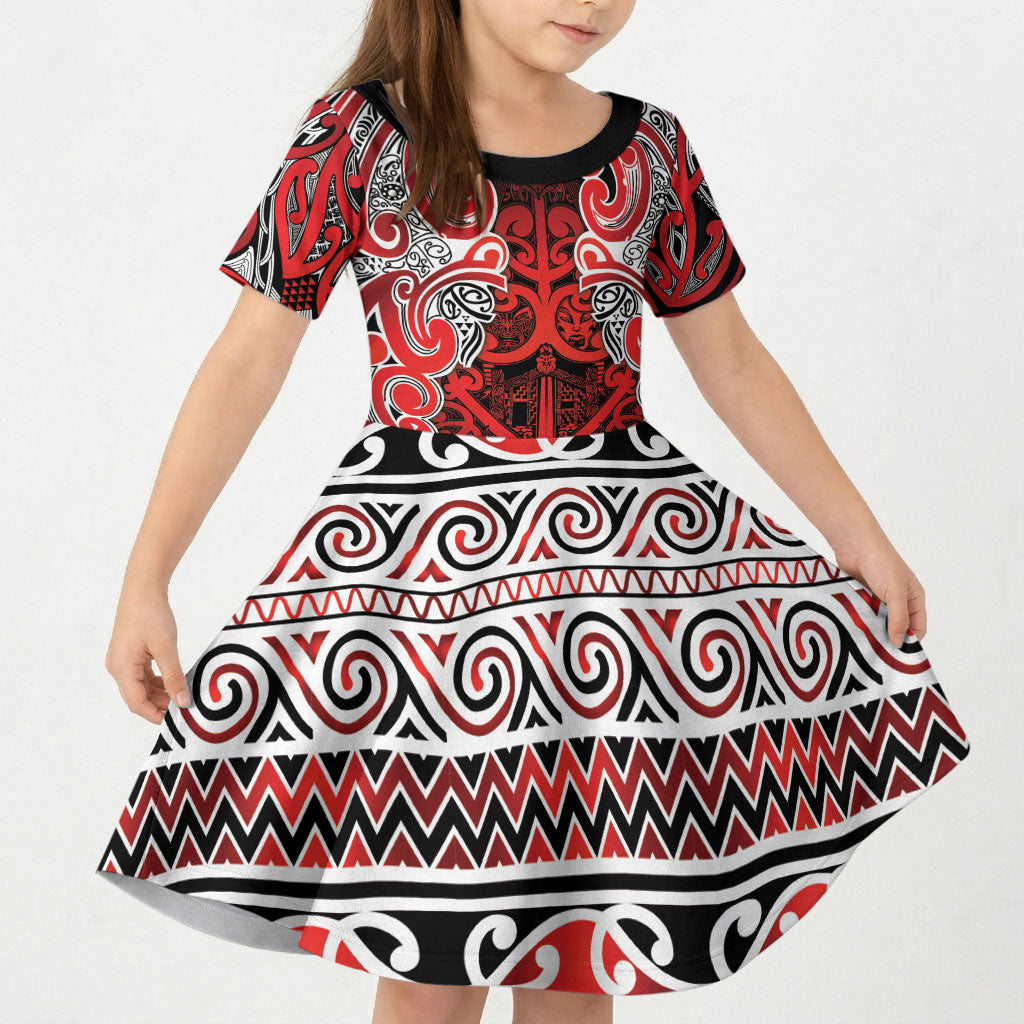 Aotearoa Iwi Ngapuhi Kid Short Sleeve Dress Maori Wharenui House Tribal Pattern