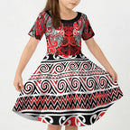 Aotearoa Iwi Ngapuhi Kid Short Sleeve Dress Maori Wharenui House Tribal Pattern