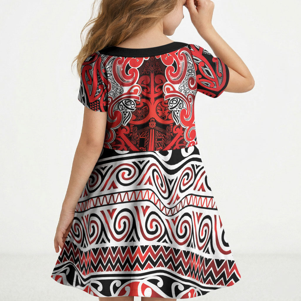 Aotearoa Iwi Ngapuhi Kid Short Sleeve Dress Maori Wharenui House Tribal Pattern