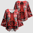 Aotearoa Iwi Ngapuhi Kimono Sleeve Blouse Maori Wharenui House Tribal Pattern