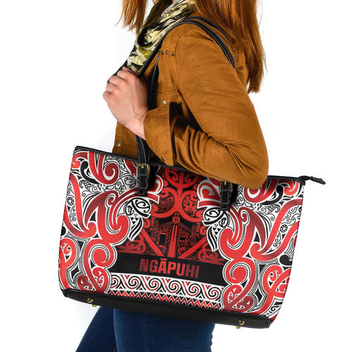 Aotearoa Iwi Ngapuhi Leather Tote Bag Maori Wharenui House Tribal Pattern