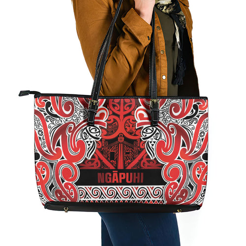 Aotearoa Iwi Ngapuhi Leather Tote Bag Maori Wharenui House Tribal Pattern