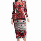 Aotearoa Iwi Ngapuhi Long Sleeve Bodycon Dress Maori Wharenui House Tribal Pattern