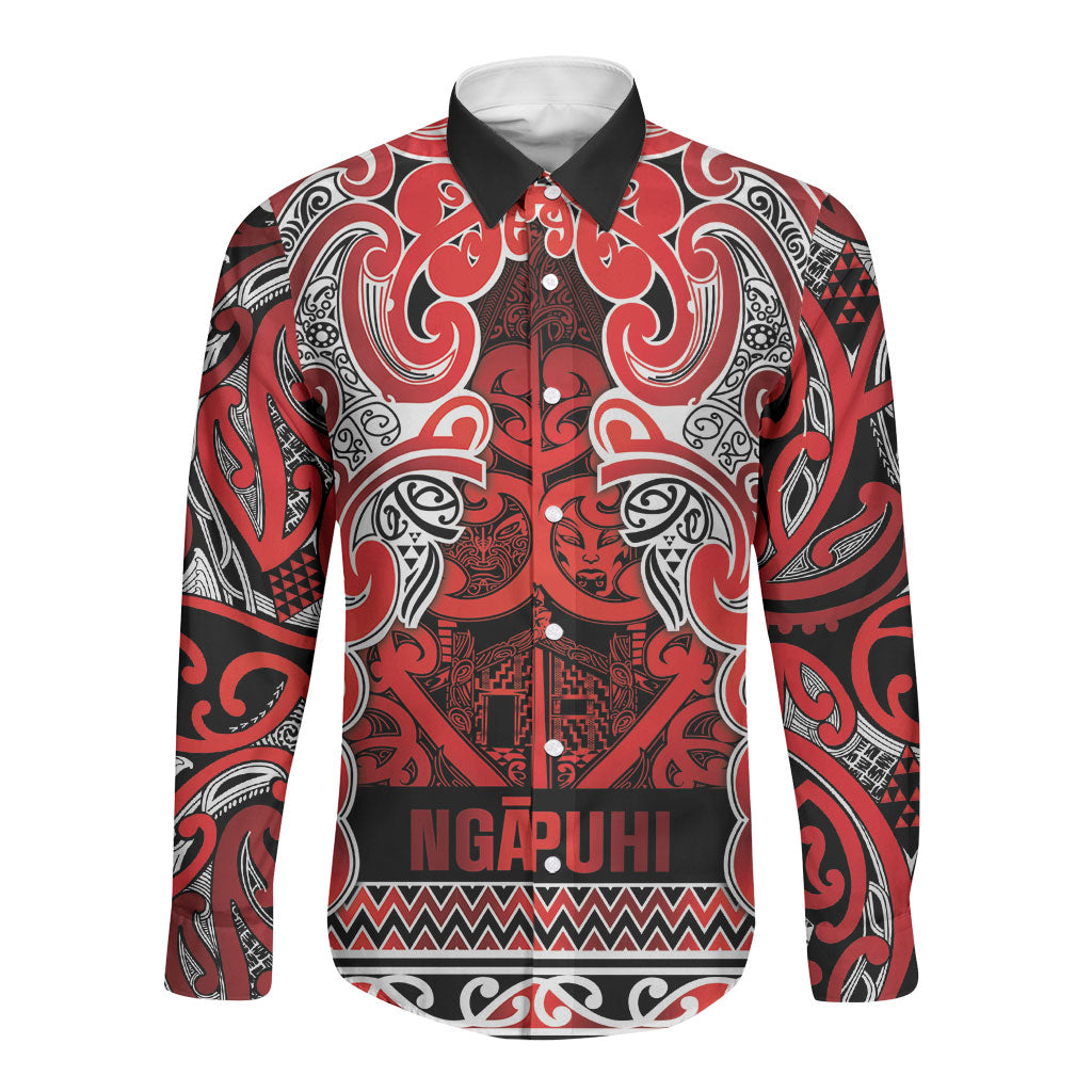 Aotearoa Iwi Ngapuhi Long Sleeve Button Shirt Maori Wharenui House Tribal Pattern