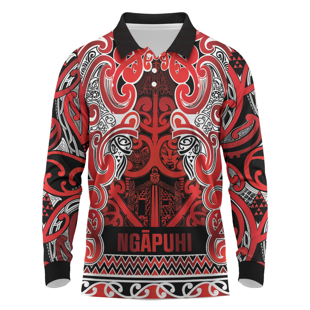 Aotearoa Iwi Ngapuhi Long Sleeve Polo Shirt Maori Wharenui House Tribal Pattern