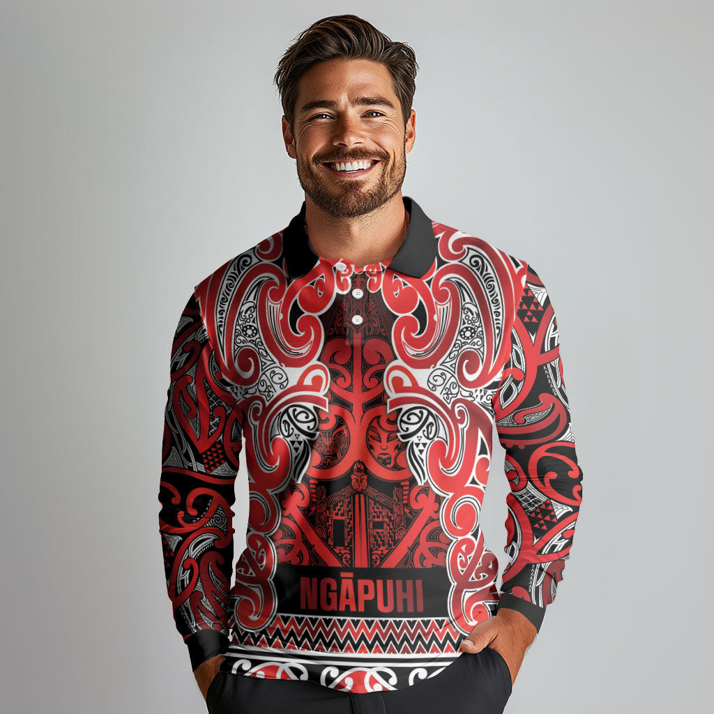 Aotearoa Iwi Ngapuhi Long Sleeve Polo Shirt Maori Wharenui House Tribal Pattern