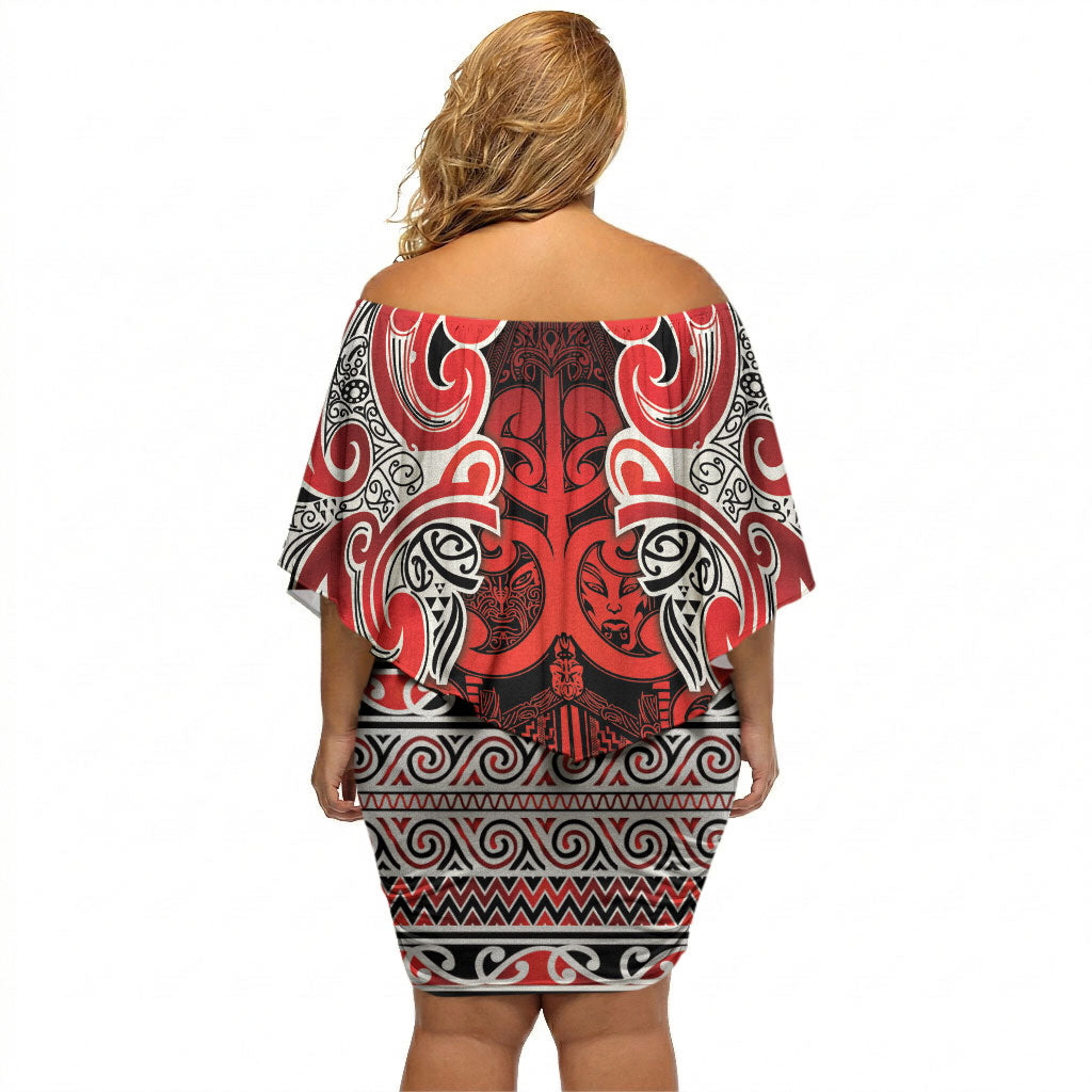 Aotearoa Iwi Ngapuhi Off Shoulder Short Dress Maori Wharenui House Tribal Pattern