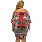 Aotearoa Iwi Ngapuhi Off Shoulder Short Dress Maori Wharenui House Tribal Pattern