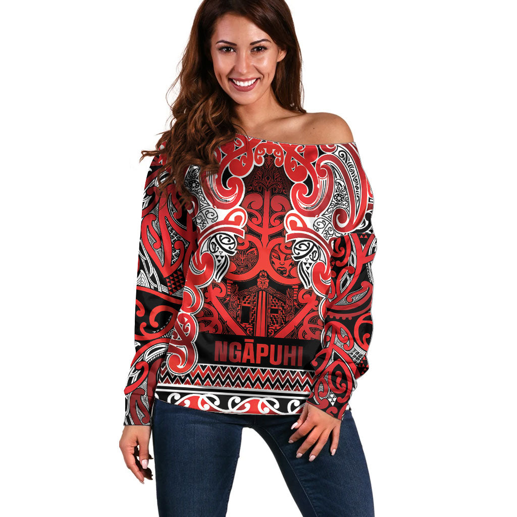 Aotearoa Iwi Ngapuhi Off Shoulder Sweater Maori Wharenui House Tribal Pattern