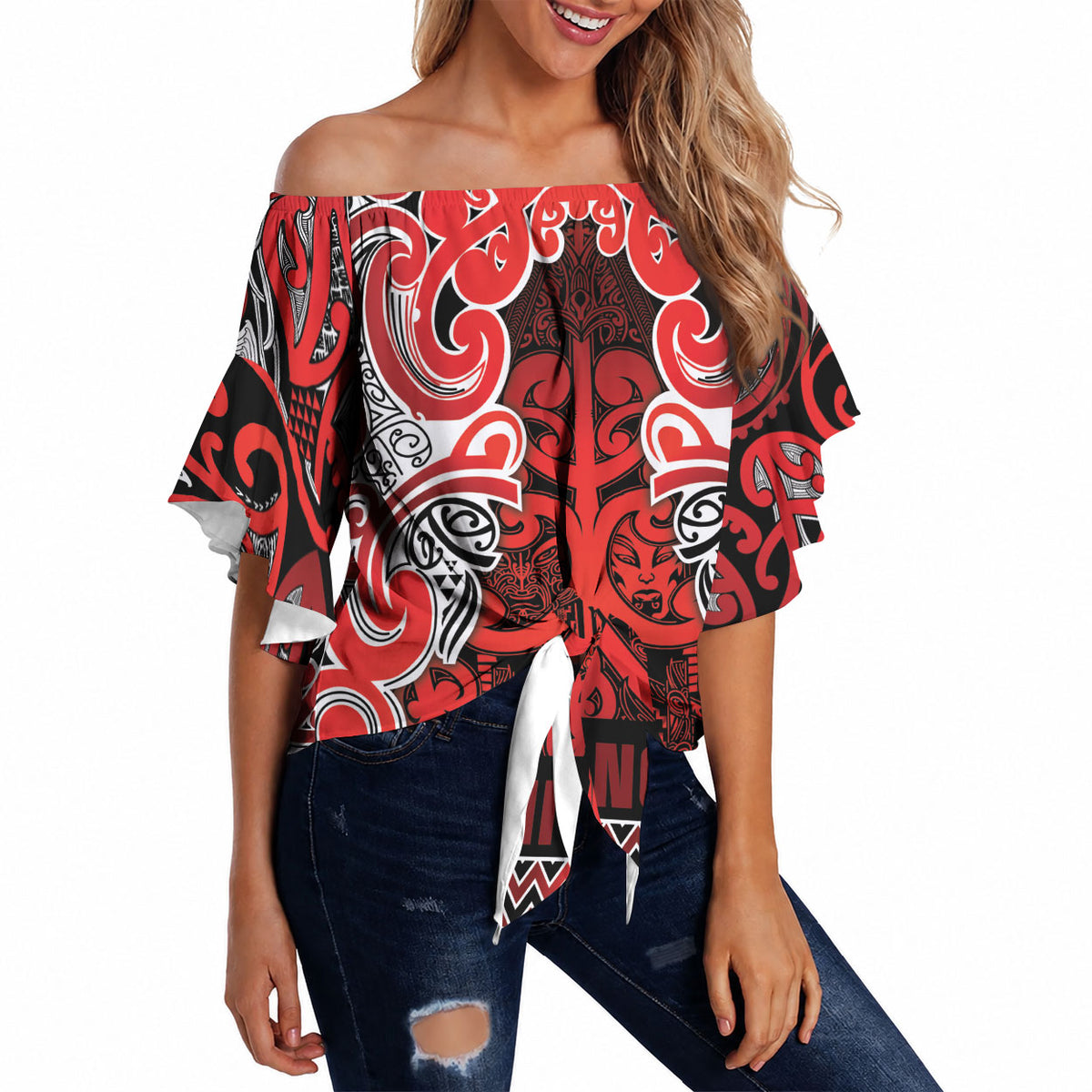 Aotearoa Iwi Ngapuhi Off Shoulder Wrap Waist Top Maori Wharenui House Tribal Pattern