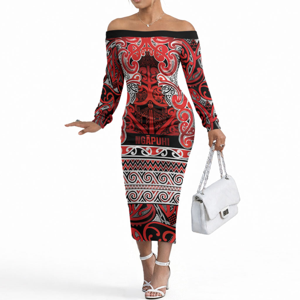 Aotearoa Iwi Ngapuhi Off The Shoulder Long Sleeve Dress Maori Wharenui House Tribal Pattern