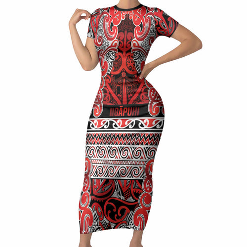 Aotearoa Iwi Ngapuhi Short Sleeve Bodycon Dress Maori Wharenui House Tribal Pattern