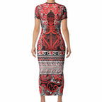 Aotearoa Iwi Ngapuhi Short Sleeve Bodycon Dress Maori Wharenui House Tribal Pattern