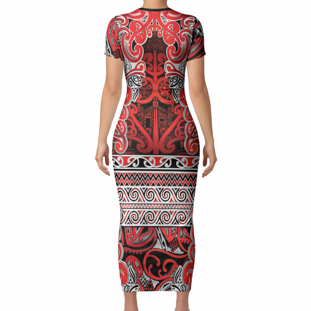 Aotearoa Iwi Ngapuhi Short Sleeve Bodycon Dress Maori Wharenui House Tribal Pattern