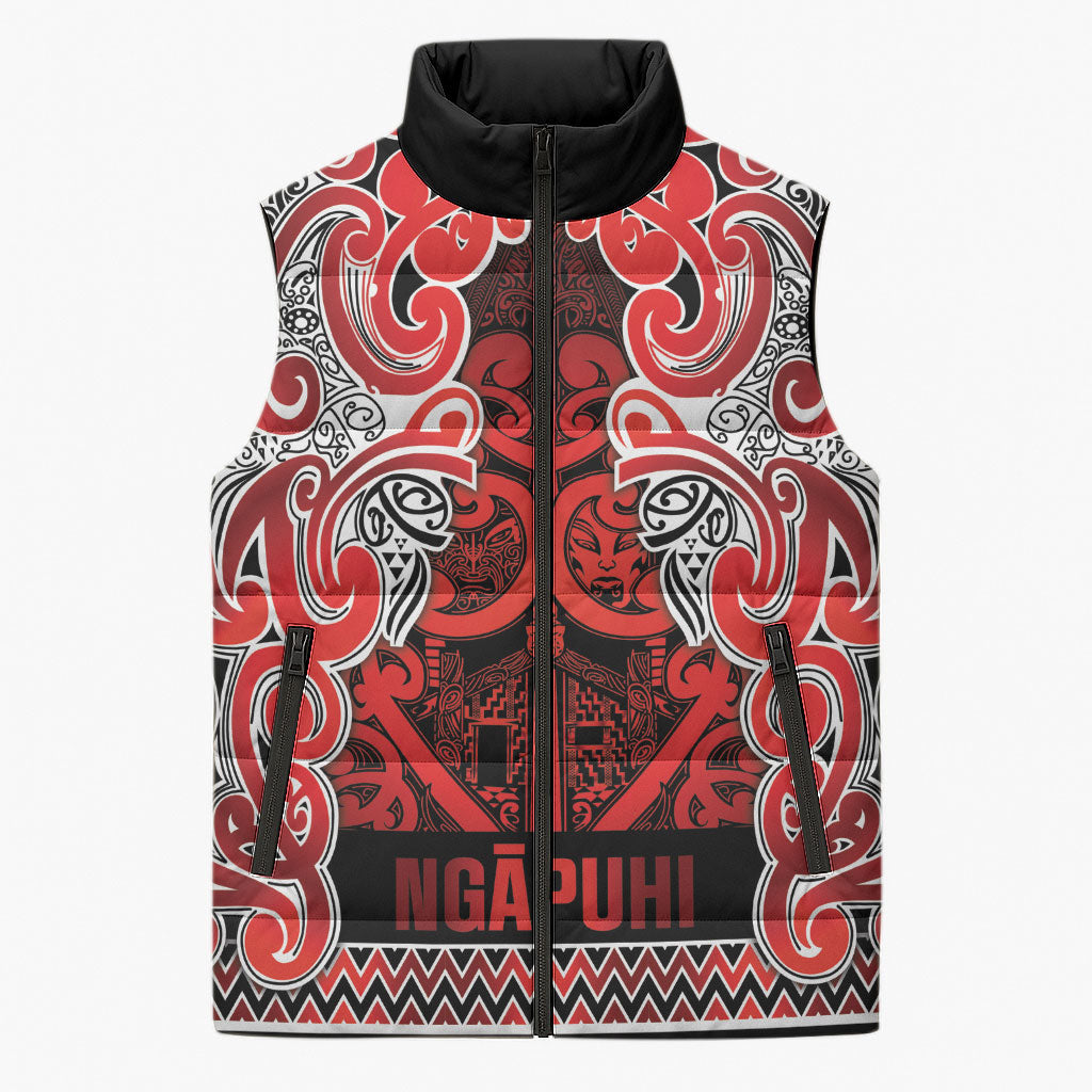 Aotearoa Iwi Ngapuhi Sleeveless Puffer Jacket Maori Wharenui House Tribal Pattern