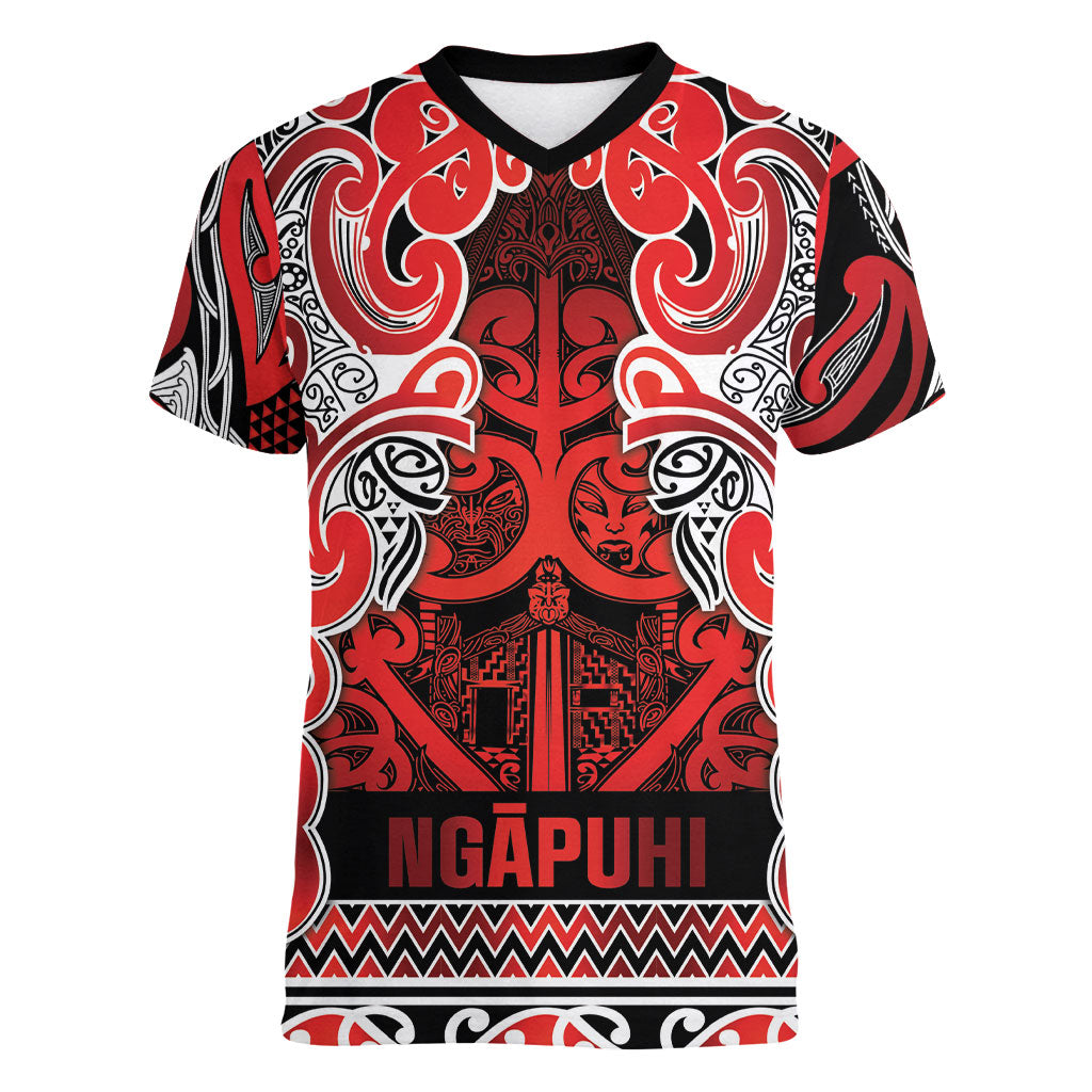 Aotearoa Iwi Ngapuhi Women V-Neck T-Shirt Maori Wharenui House Tribal Pattern