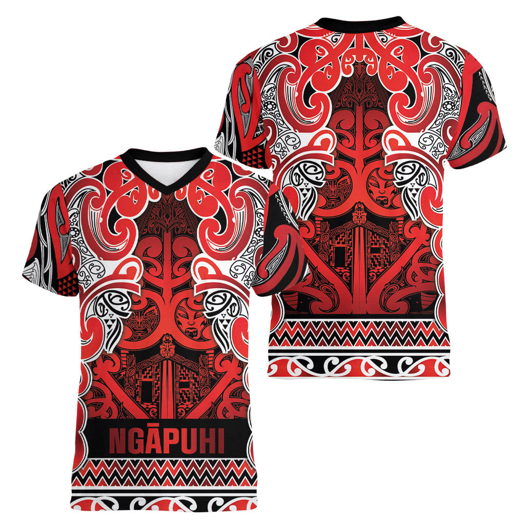 Aotearoa Iwi Ngapuhi Women V-Neck T-Shirt Maori Wharenui House Tribal Pattern