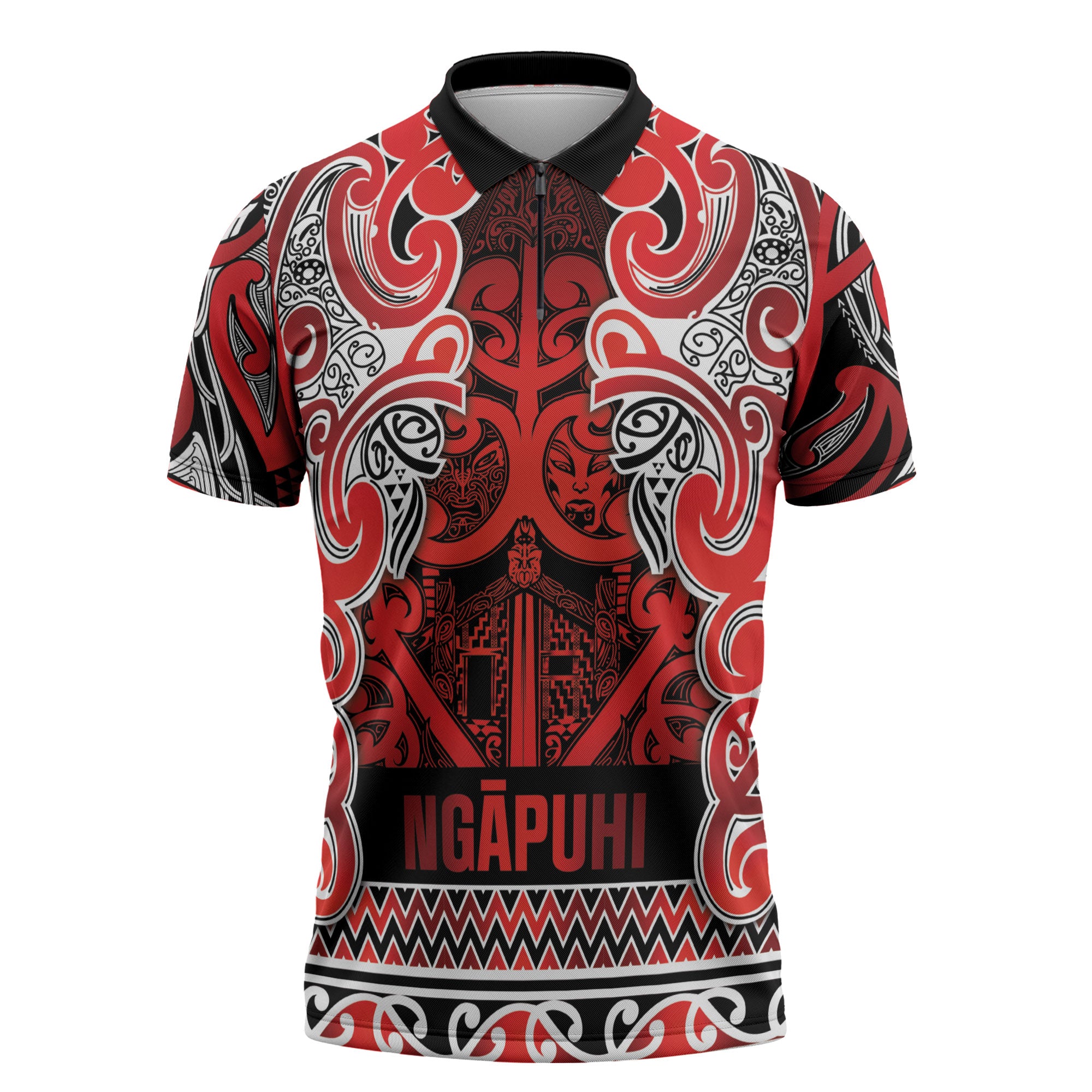 Aotearoa Iwi Ngapuhi Zipper Polo Shirt Maori Wharenui House Tribal Pattern