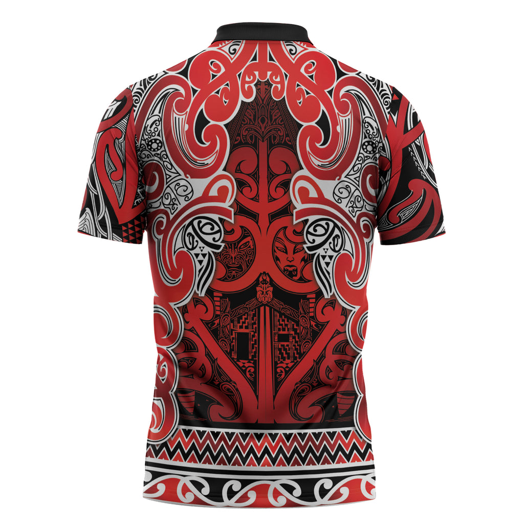Aotearoa Iwi Ngapuhi Zipper Polo Shirt Maori Wharenui House Tribal Pattern