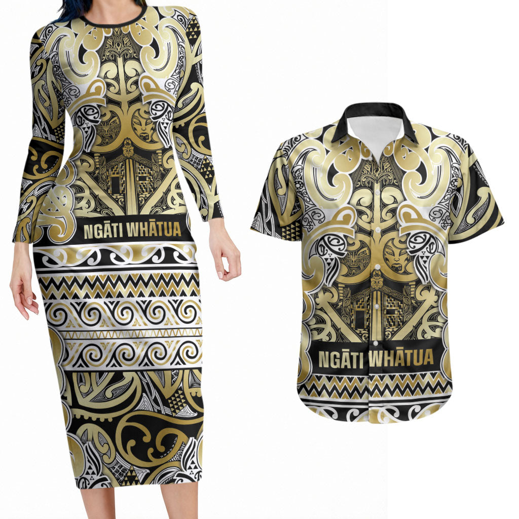 Aotearoa Iwi Ngati Whatua Couples Matching Long Sleeve Bodycon Dress and Hawaiian Shirt Maori Wharenui House Tribal Pattern