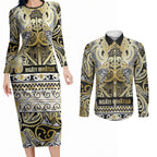Aotearoa Iwi Ngati Whatua Couples Matching Long Sleeve Bodycon Dress and Long Sleeve Button Shirt Maori Wharenui House Tribal Pattern