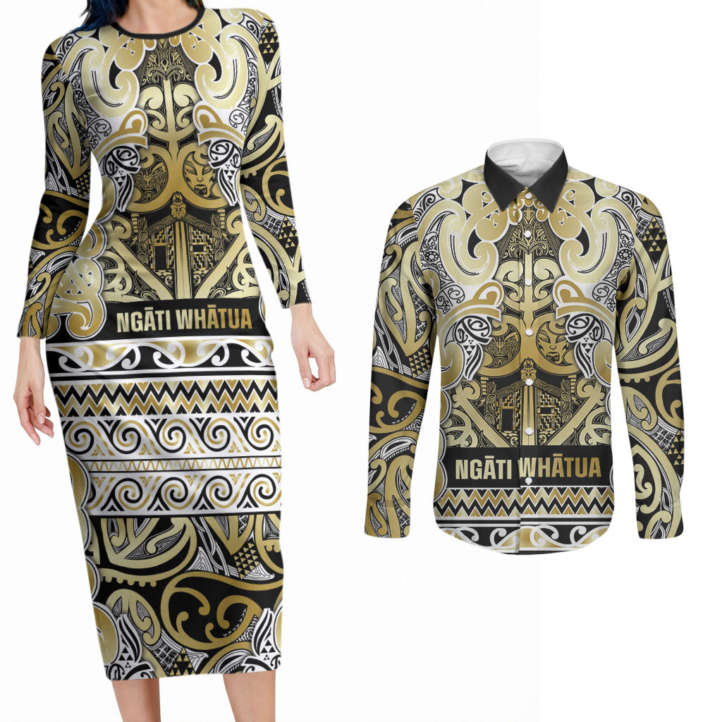 Aotearoa Iwi Ngati Whatua Couples Matching Long Sleeve Bodycon Dress and Long Sleeve Button Shirt Maori Wharenui House Tribal Pattern