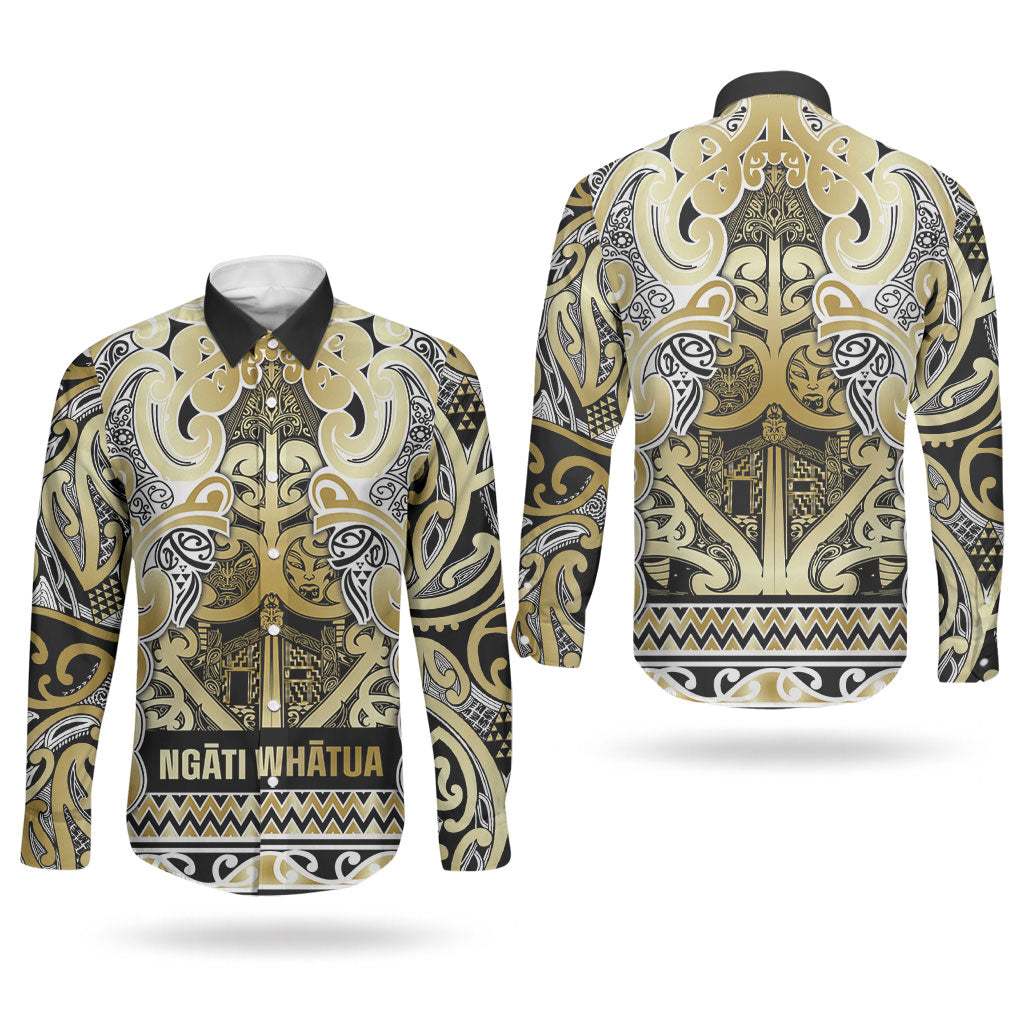 Aotearoa Iwi Ngati Whatua Couples Matching Long Sleeve Bodycon Dress and Long Sleeve Button Shirt Maori Wharenui House Tribal Pattern