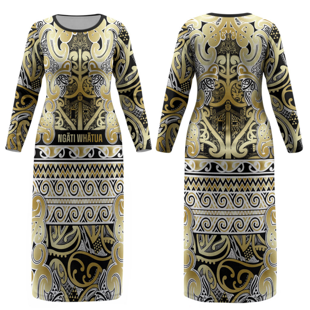 Aotearoa Iwi Ngati Whatua Couples Matching Long Sleeve Bodycon Dress and Long Sleeve Button Shirt Maori Wharenui House Tribal Pattern