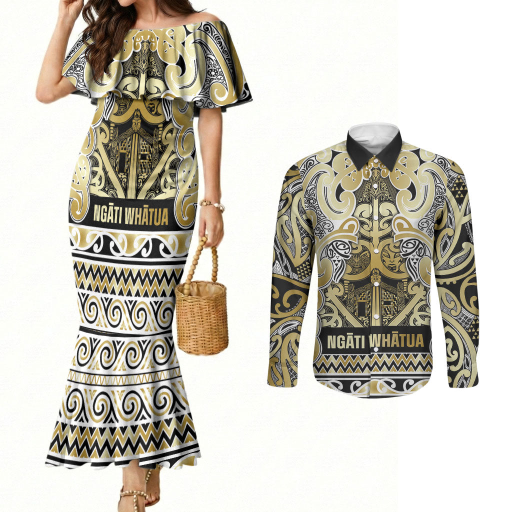 Aotearoa Iwi Ngati Whatua Couples Matching Mermaid Dress and Long Sleeve Button Shirt Maori Wharenui House Tribal Pattern