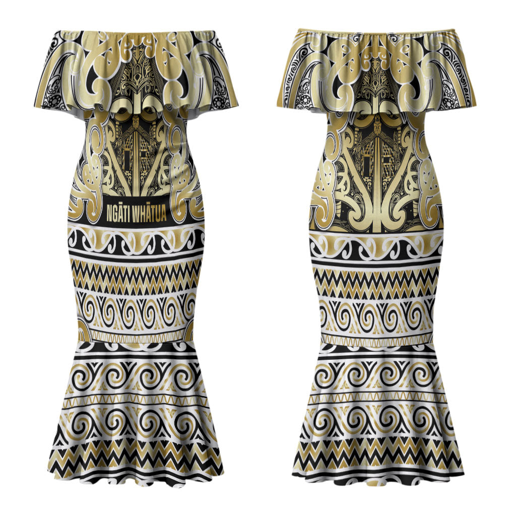 Aotearoa Iwi Ngati Whatua Couples Matching Mermaid Dress and Long Sleeve Button Shirt Maori Wharenui House Tribal Pattern