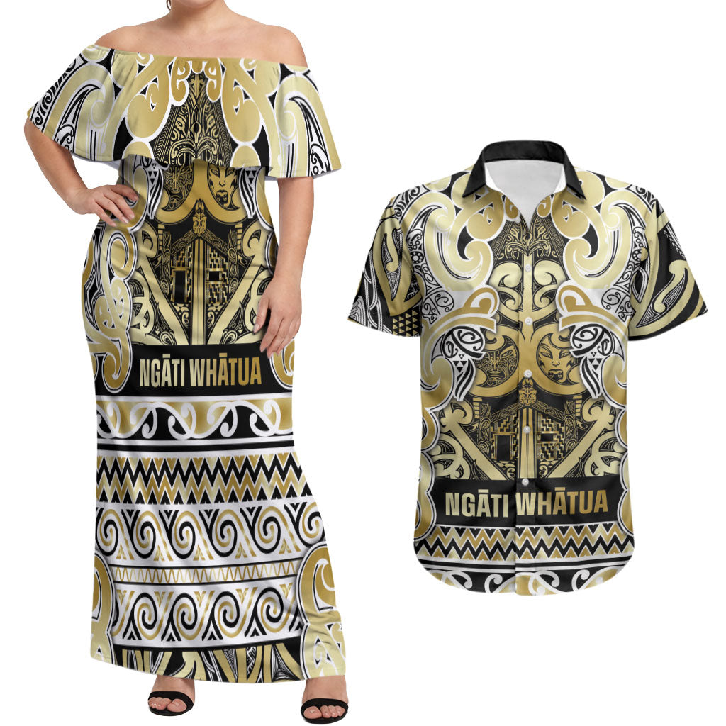 Aotearoa Iwi Ngati Whatua Couples Matching Off Shoulder Maxi Dress and Hawaiian Shirt Maori Wharenui House Tribal Pattern