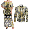 Aotearoa Iwi Ngati Whatua Couples Matching Off Shoulder Maxi Dress and Long Sleeve Button Shirt Maori Wharenui House Tribal Pattern