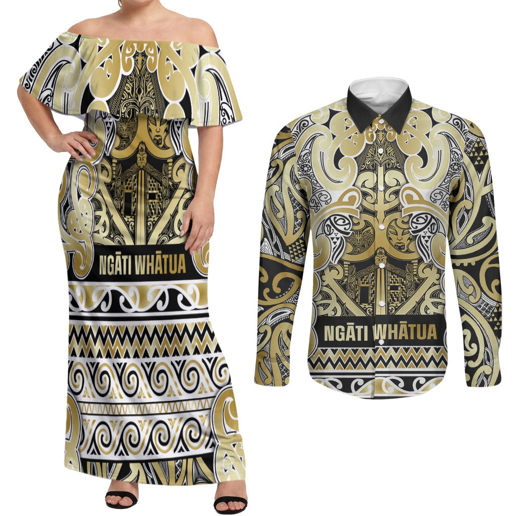 Aotearoa Iwi Ngati Whatua Couples Matching Off Shoulder Maxi Dress and Long Sleeve Button Shirt Maori Wharenui House Tribal Pattern