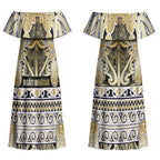 Aotearoa Iwi Ngati Whatua Couples Matching Off Shoulder Maxi Dress and Long Sleeve Button Shirt Maori Wharenui House Tribal Pattern