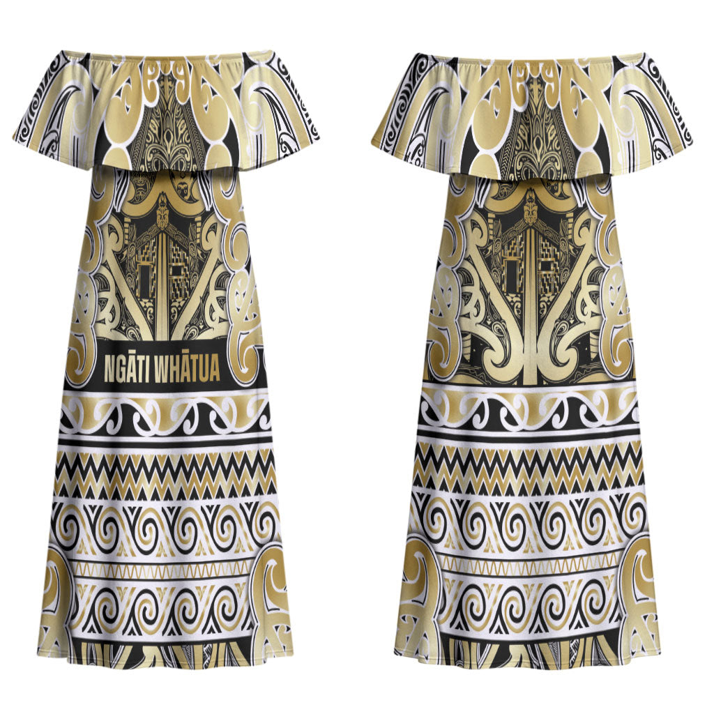 Aotearoa Iwi Ngati Whatua Couples Matching Off Shoulder Maxi Dress and Long Sleeve Button Shirt Maori Wharenui House Tribal Pattern