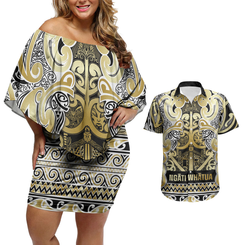 Aotearoa Iwi Ngati Whatua Couples Matching Off Shoulder Short Dress and Hawaiian Shirt Maori Wharenui House Tribal Pattern