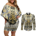 Aotearoa Iwi Ngati Whatua Couples Matching Off Shoulder Short Dress and Long Sleeve Button Shirt Maori Wharenui House Tribal Pattern