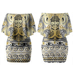 Aotearoa Iwi Ngati Whatua Couples Matching Off Shoulder Short Dress and Long Sleeve Button Shirt Maori Wharenui House Tribal Pattern