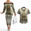 Aotearoa Iwi Ngati Whatua Couples Matching Off The Shoulder Long Sleeve Dress and Hawaiian Shirt Maori Wharenui House Tribal Pattern