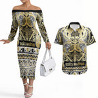 Aotearoa Iwi Ngati Whatua Couples Matching Off The Shoulder Long Sleeve Dress and Hawaiian Shirt Maori Wharenui House Tribal Pattern
