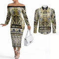 Aotearoa Iwi Ngati Whatua Couples Matching Off The Shoulder Long Sleeve Dress and Long Sleeve Button Shirt Maori Wharenui House Tribal Pattern