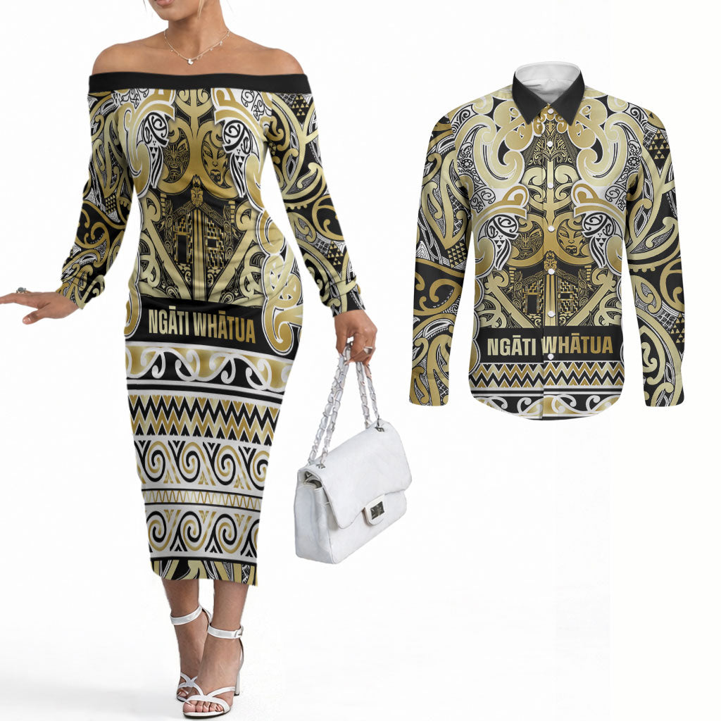 Aotearoa Iwi Ngati Whatua Couples Matching Off The Shoulder Long Sleeve Dress and Long Sleeve Button Shirt Maori Wharenui House Tribal Pattern