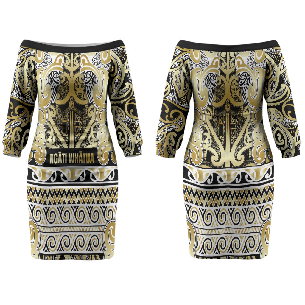 Aotearoa Iwi Ngati Whatua Couples Matching Off The Shoulder Long Sleeve Dress and Long Sleeve Button Shirt Maori Wharenui House Tribal Pattern