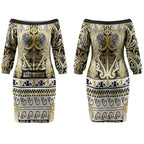 Aotearoa Iwi Ngati Whatua Couples Matching Off The Shoulder Long Sleeve Dress and Long Sleeve Button Shirt Maori Wharenui House Tribal Pattern