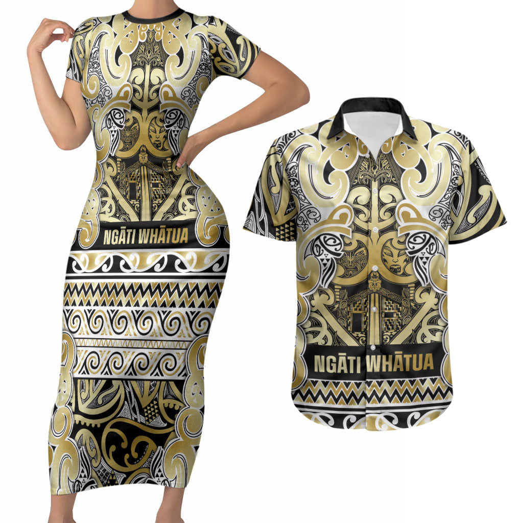 Aotearoa Iwi Ngati Whatua Couples Matching Short Sleeve Bodycon Dress and Hawaiian Shirt Maori Wharenui House Tribal Pattern