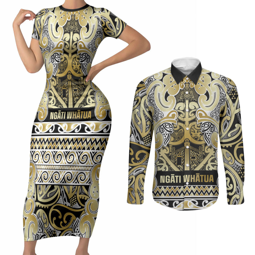 Aotearoa Iwi Ngati Whatua Couples Matching Short Sleeve Bodycon Dress and Long Sleeve Button Shirt Maori Wharenui House Tribal Pattern