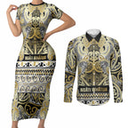 Aotearoa Iwi Ngati Whatua Couples Matching Short Sleeve Bodycon Dress and Long Sleeve Button Shirt Maori Wharenui House Tribal Pattern