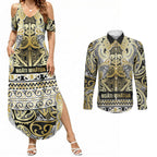 Aotearoa Iwi Ngati Whatua Couples Matching Summer Maxi Dress and Long Sleeve Button Shirt Maori Wharenui House Tribal Pattern