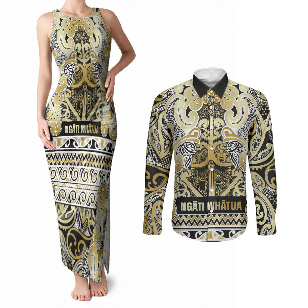 Aotearoa Iwi Ngati Whatua Couples Matching Tank Maxi Dress and Long Sleeve Button Shirt Maori Wharenui House Tribal Pattern